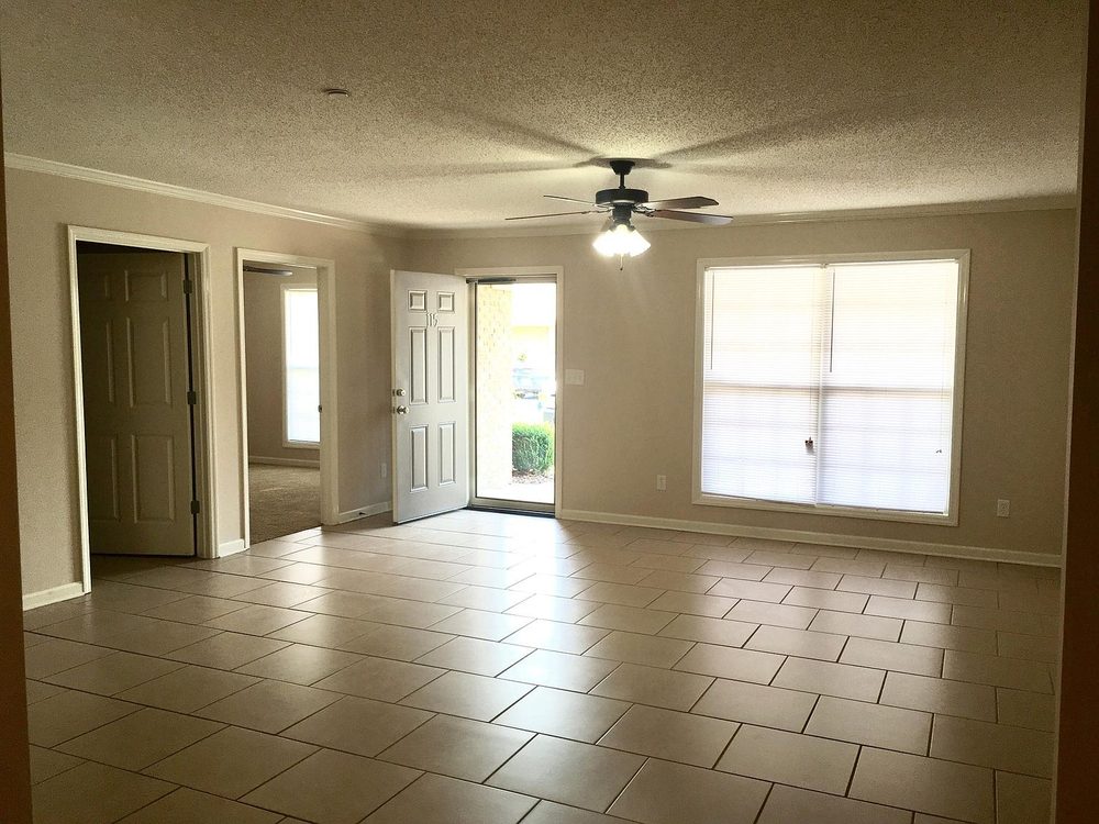 Pinebrook apartment living room with fireplace